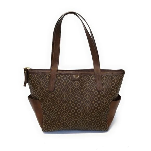 Fossil Signature Mimi Shopper Tote Bag in Brown Geometric Print